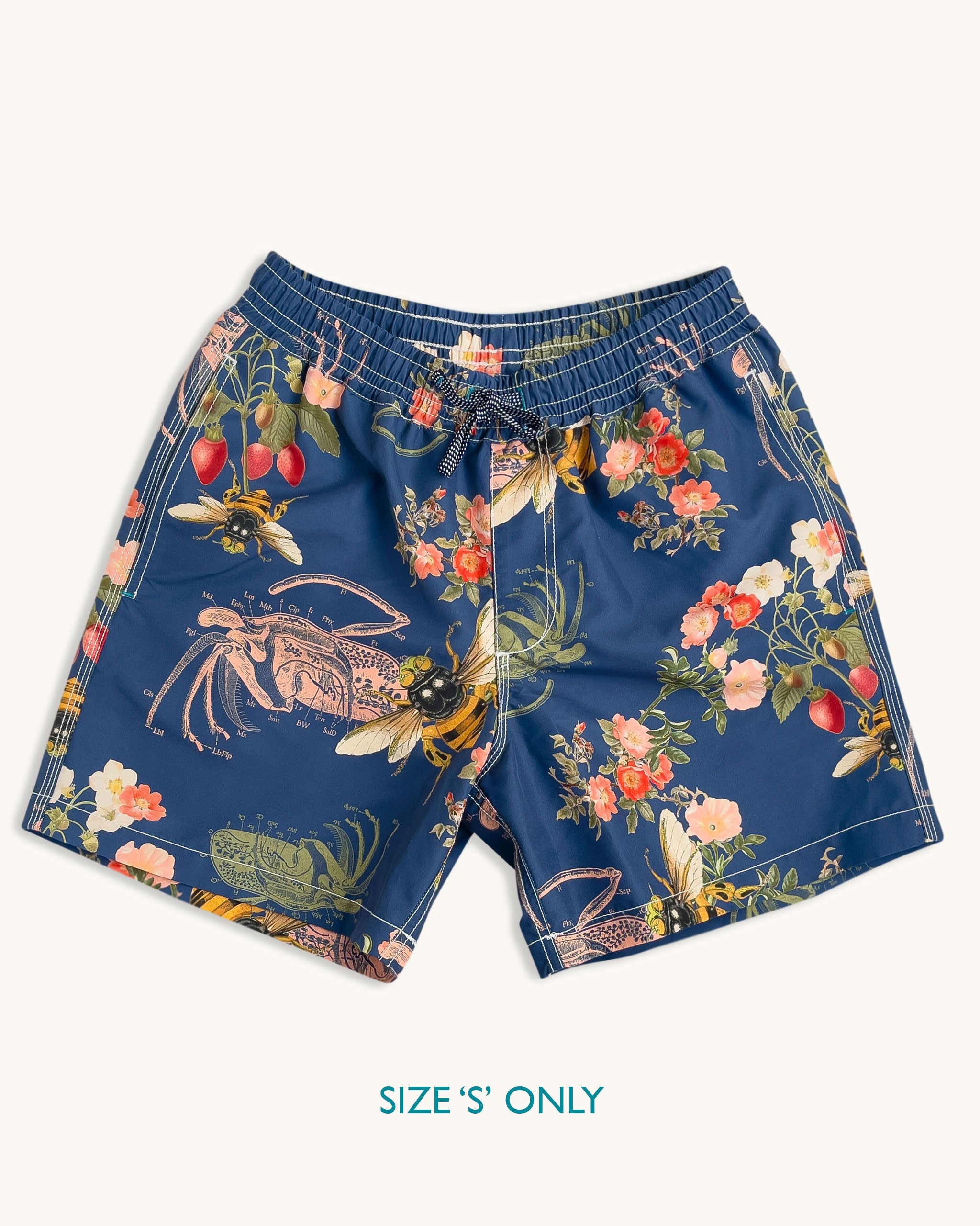 Blythe Drawstring Swim Shorts, Endangered Bee Denim Print Elasticated Swim short Riz Boardshorts 