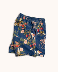 Blythe Drawstring Swim Shorts, Endangered Bee Denim Print Elasticated Swim short Riz Boardshorts 