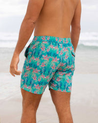 Blythe Drawstring Swim Shorts, Seaweed Jade Print Elasticated Swim short Riz Boardshorts 