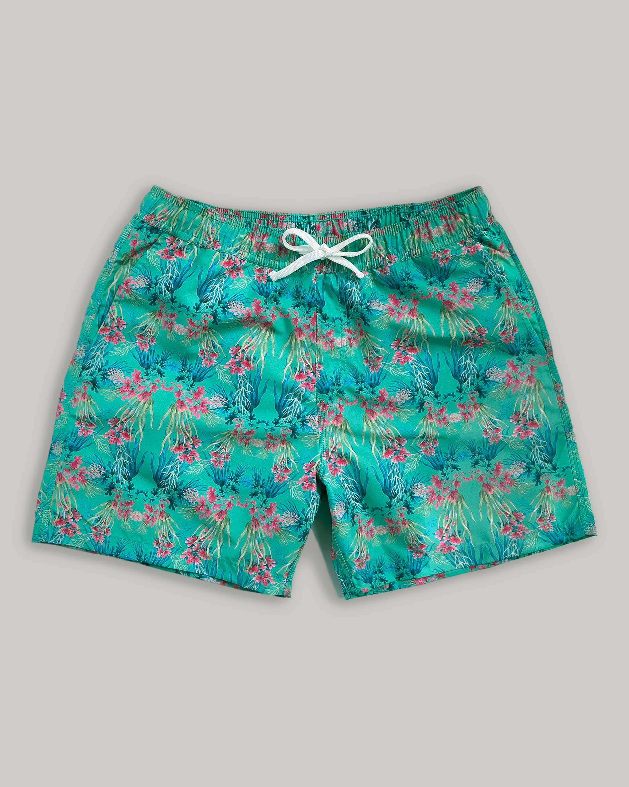 Blythe Drawstring Swim Shorts, Seaweed Jade Print Elasticated Swim short Riz Boardshorts 